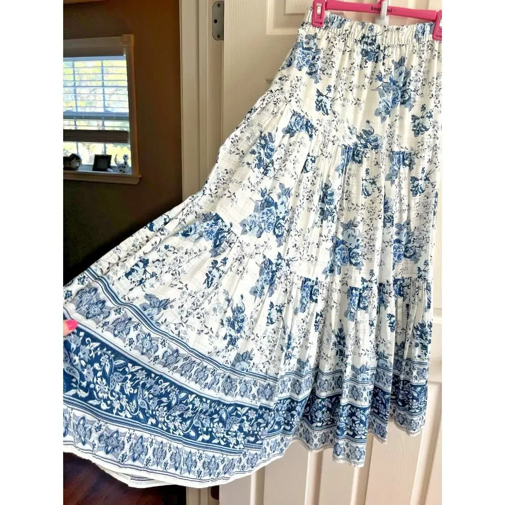 ZARA Women's 100% Cotton Blue White Floral Voluminous Tiered Maxi Skirt Sz XS-S